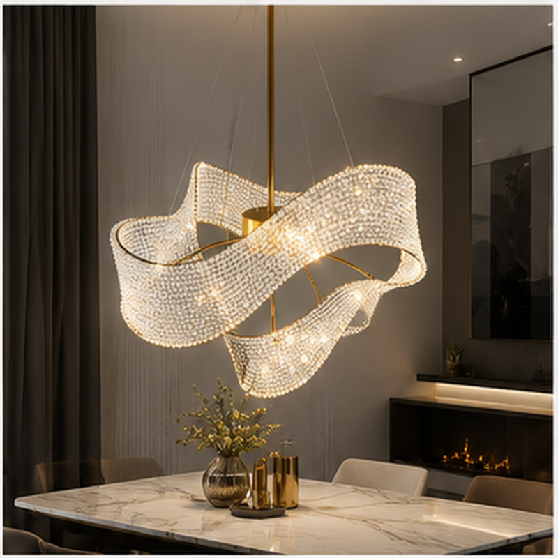 Modern Crystal Ribbon Chandelier – Luxury Gold Wave Pendant Light