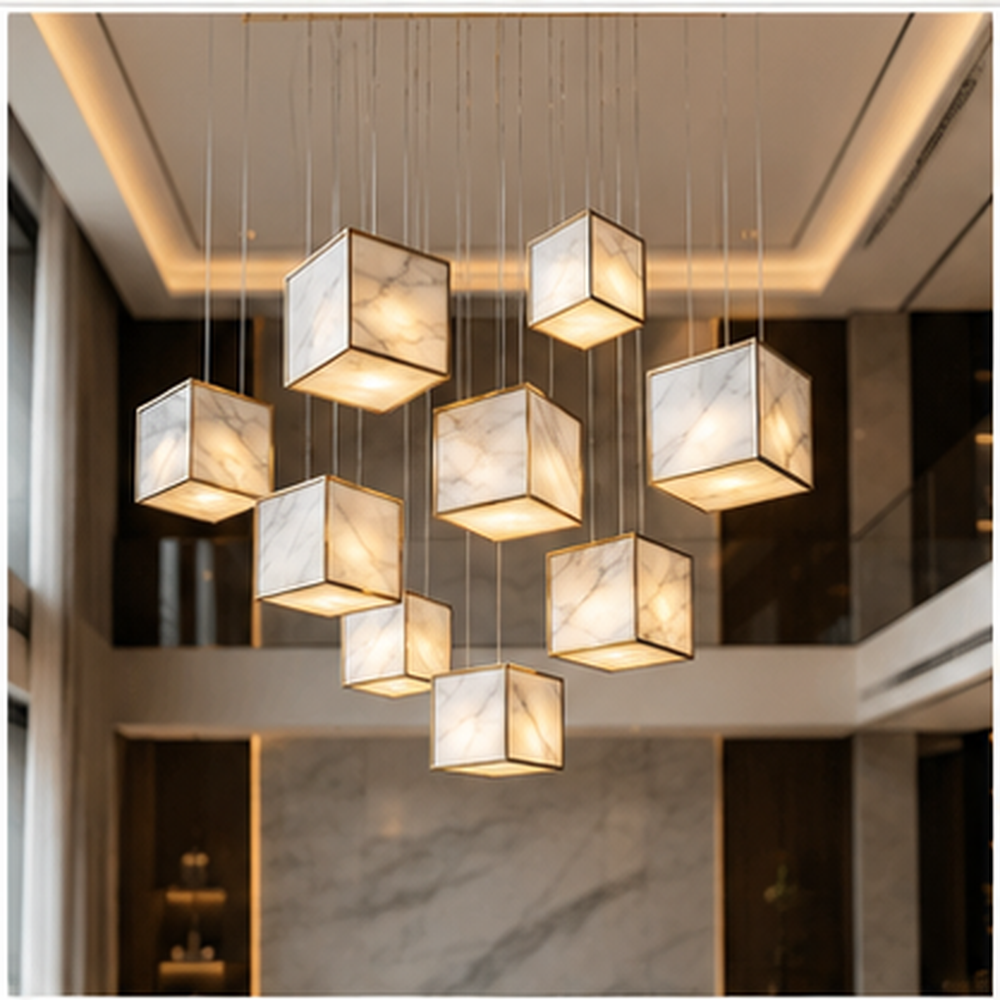 Modern Alabaster Cube Staircase Chandelier Pendant Light